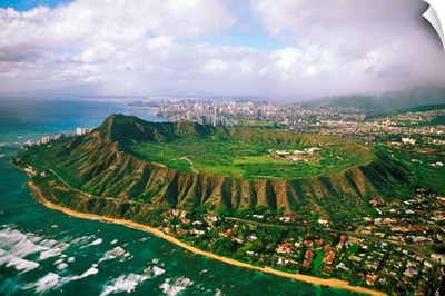 Hawaii, Oahu, Aerial Of Diamond Head Crater With Coastline View
