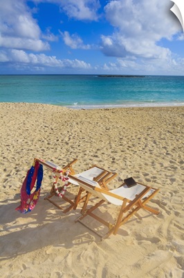 Hawaii, Oahu, Kailua, Two Lounge Chairs On The White Sandy Beach Of Lanikai