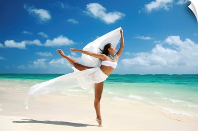 Hawaii, Oahu, Lanikai Beach, Female Ballet Dancer On Beach With White Flowing Fabric