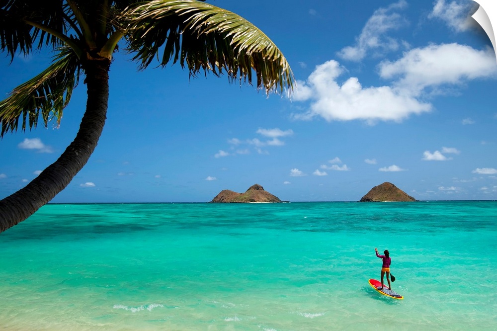 Landscape photograph on a large canvas of a woman on a paddle board in the clear blue waters of Lanikai Beach, headed towa...