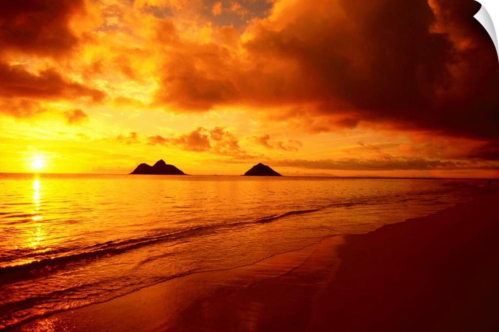 Hawaii, Oahu, Lanikai Beach, Orange Sunrise Over Tranquil Ocean