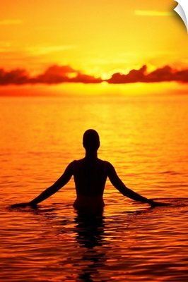 Hawaii, Oahu, Lanikai Beach, Silhouette Of Woman Wading In The Ocean At Sunrise