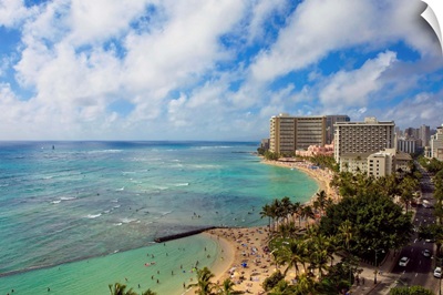 Hawaii, Oahu, Waikiki, View of the Pacific Ocean, Waikiki Beach, and famous hotels