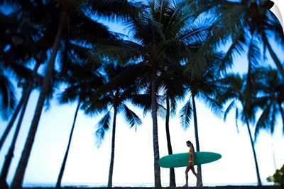 Hawaii, Oahu, Waikiki, Woman Walking With Surfboard