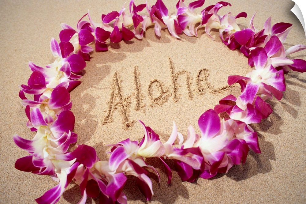 Hawaii, Purple Orchid Lei On Beach, Aloha Written In Sand