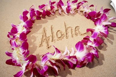 Hawaii, Purple Orchid Lei On Beach, Aloha Written In Sand