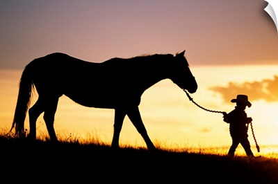 Hawaii, Silhouette Of Boy Leading Horse Along Grassy Hillside At Sunset
