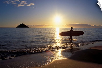 Hawaii, Silhouetted Surfer On Shore At Sunrise
