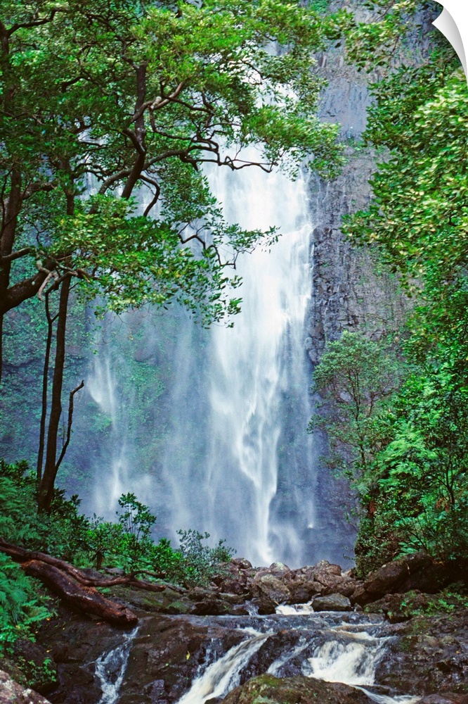 Hawaii, Waterfalls Cascading Down Rocky Cliff, Trees Overlooking Stream