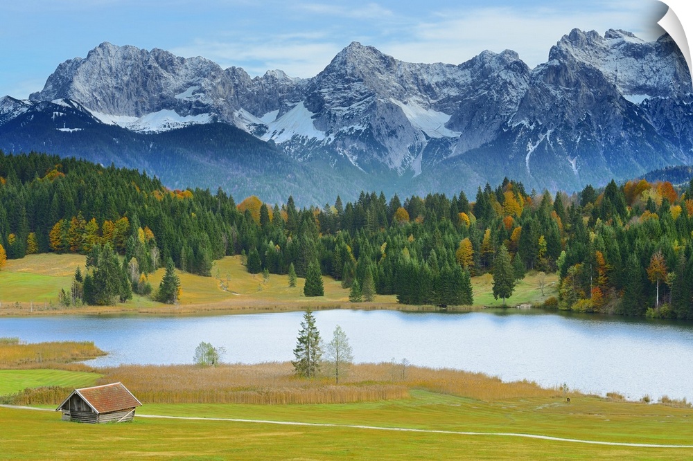 Hay Barn, Lake Geroldsee and Karwendel Mountain Range in Autumn, Werdenfelser Land, Upper Bavaria, Bavaria, Germany