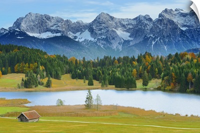 Hay Barn, Lake Geroldsee And Karwendel Mountain Range, Bavaria, Germany
