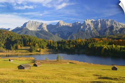 Hay Barns, Lake Geroldsee And Karwendel Mountain Range, Upper Bavaria, Germany