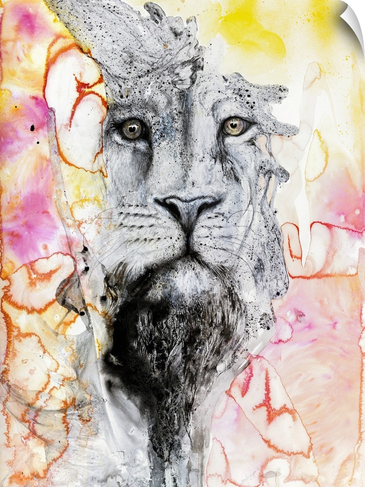 Illustration Of A Lion's Face Surrounded By Colourful Abstract Patterns.