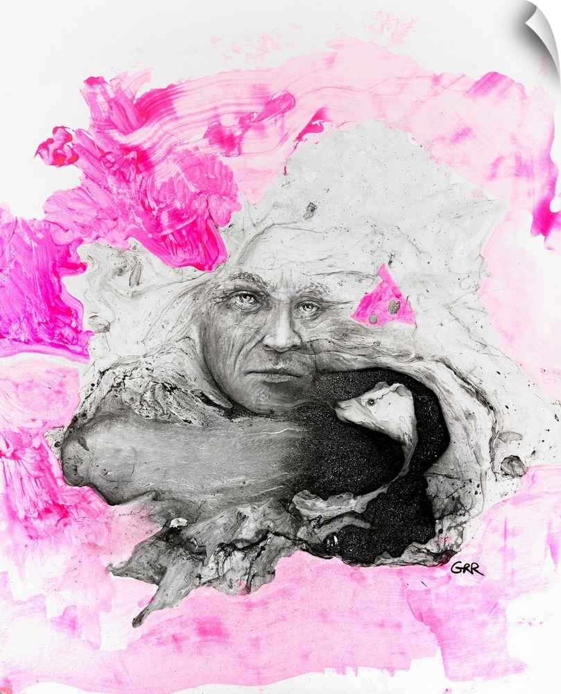 Illustration of a man's face and a rat's head surrounded by pink and white brush patterns.