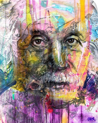 Illustration of a man's face with colourful abstract patterns surrounding it