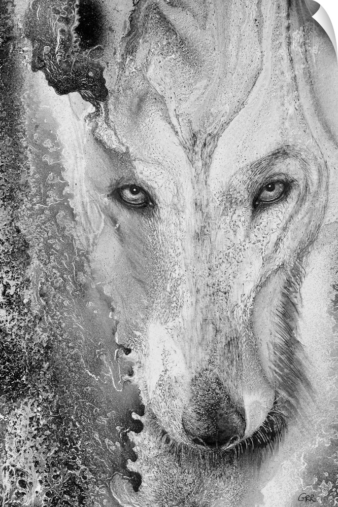 Illustration of a wolf and a mottled background.