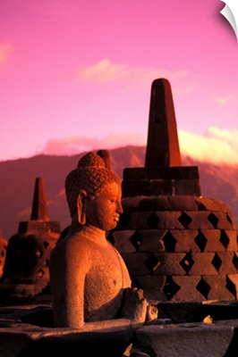 Indonesia, Java, Borobudor Temple And Buddha Statue At Sunrise