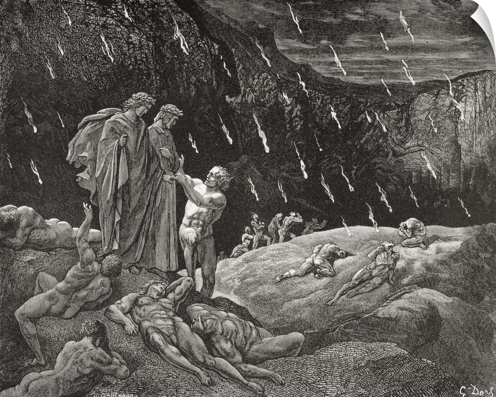 Engraving By Gustave Dore, 1832-1883, French Artist And Illustrator, Inferno By Dante Alighieri, Canto XV, Lines 28 And 29.