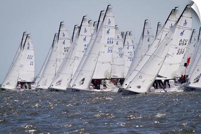 J-70 sailboats on the starting line of a regatta on the Chesapeake Bay near Annapolis, Maryland.; Chesapeake Bay, Maryland.