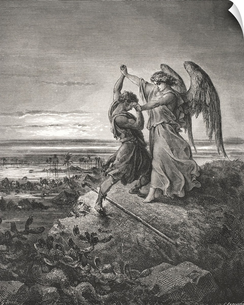 Engraving From The Dore Bible Illustrating Genesis XXXII 24 To 32, Jacob Wrestling With The Angel, By Gustave Dore, 1832-1...