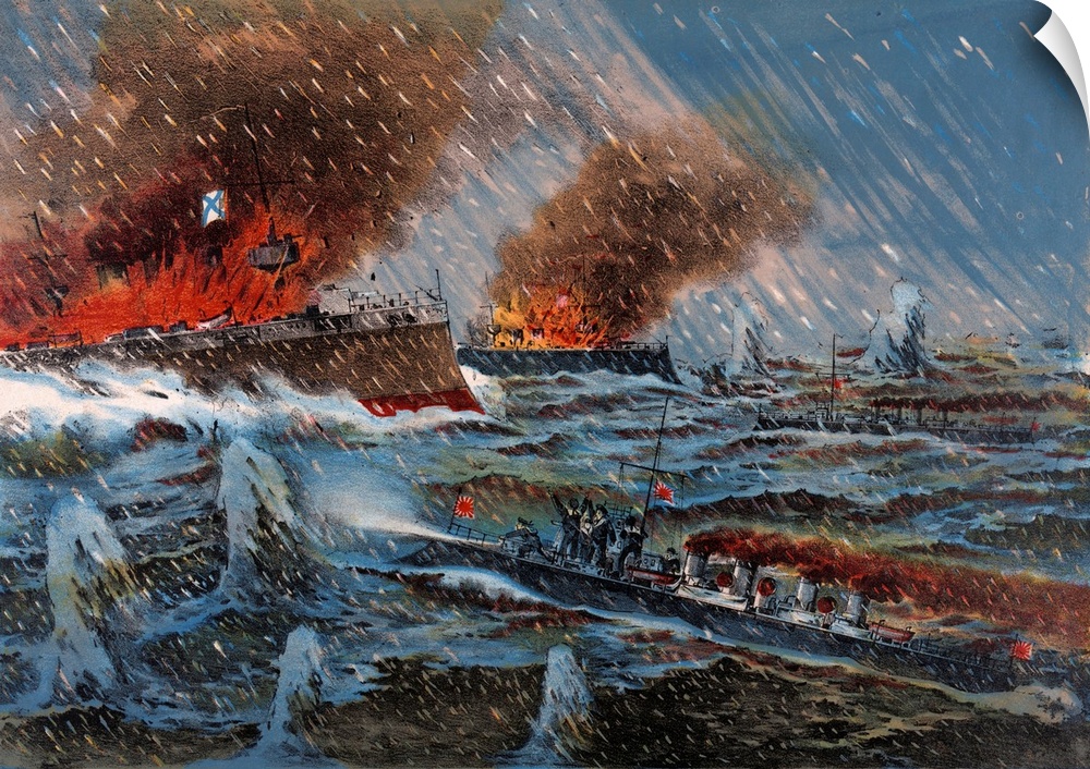 Coloured woodcut illustration of Japanese naval forces fighting the Russian Men of war in a stormy sea. Dated c1904.