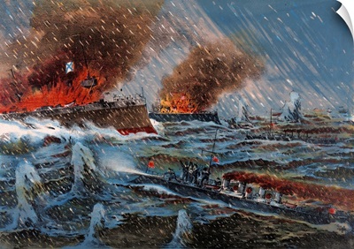 Japanese Naval Forces Fighting The Russian Menofwar In A Stormy Sea, C 1904