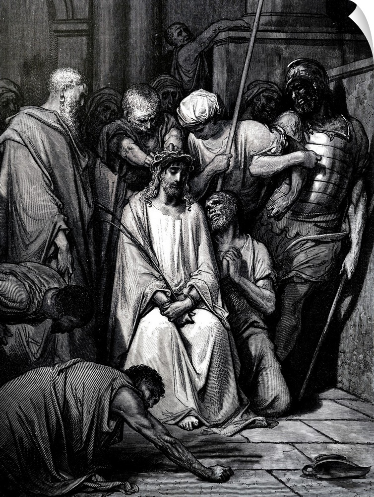 Engraving depicting Jesus Christ being mocked as the crown of thorns is placed upon his head, with John the Apostle kneeli...