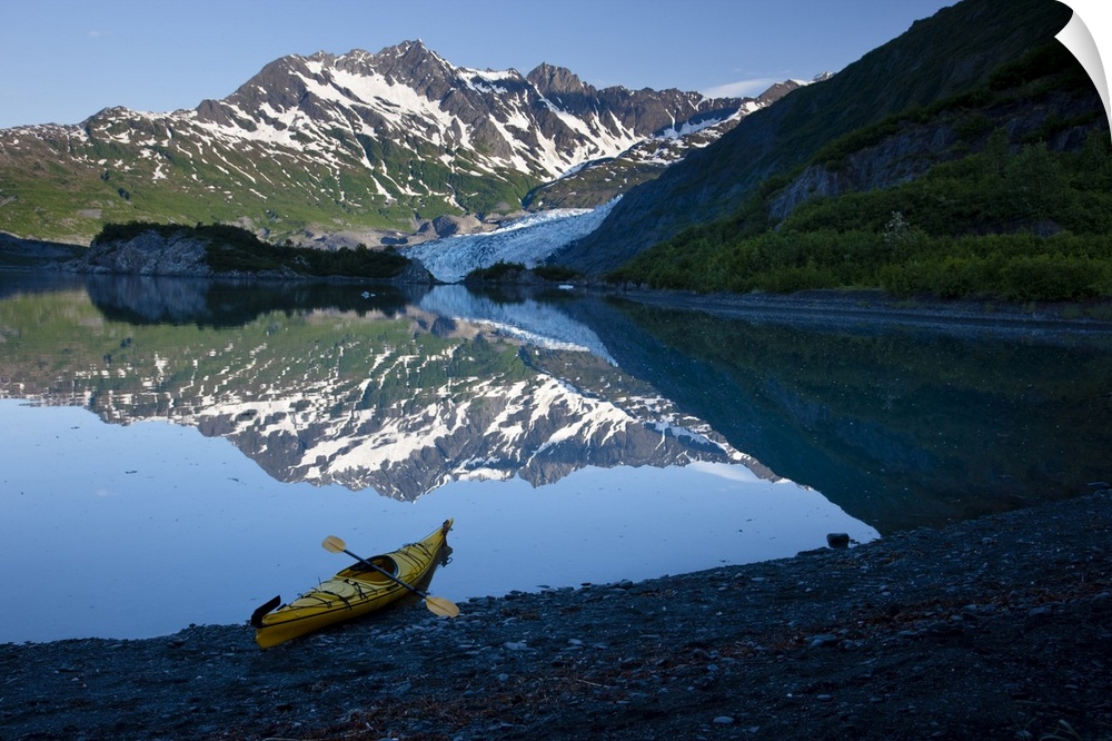 Kayak On The Beach In Shoup Bay With Shoup Glacier Reflected In The Water, Prince William Sound, Southcentral Alaska
