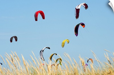 Kites Of Kite Surfers In Front Of Hotel Dos Mares, Tarifa, Andalusia, Spain