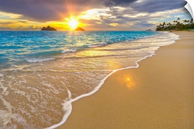Lanakai Beach At Sunrise, With The Surf Washing Up On The Golden Sand, Oahu, Hawaii