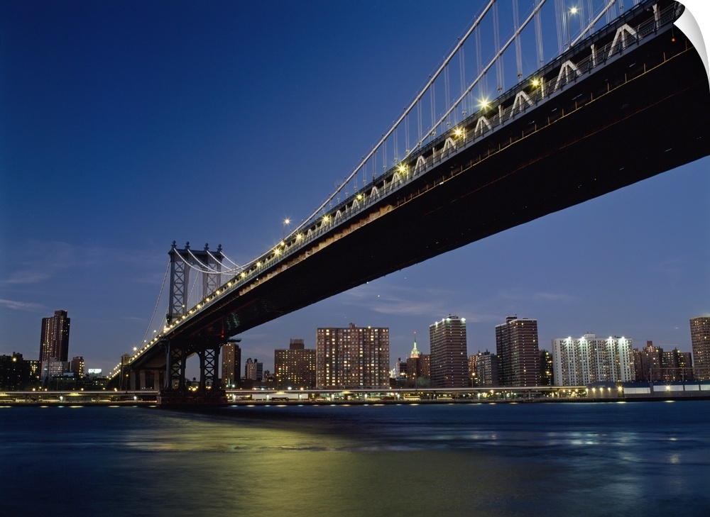 Manhattan Bridge At Dusk With The Empire State Building Behind; New York City, New York