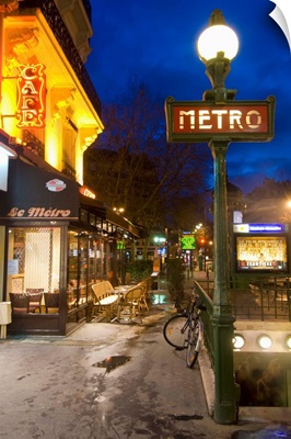 Maubert-Mutualite Metro Station And Cafe At Dawn, Paris, France