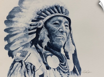 Monochromatic Watercolor Of Aboriginal Elder With Headdress