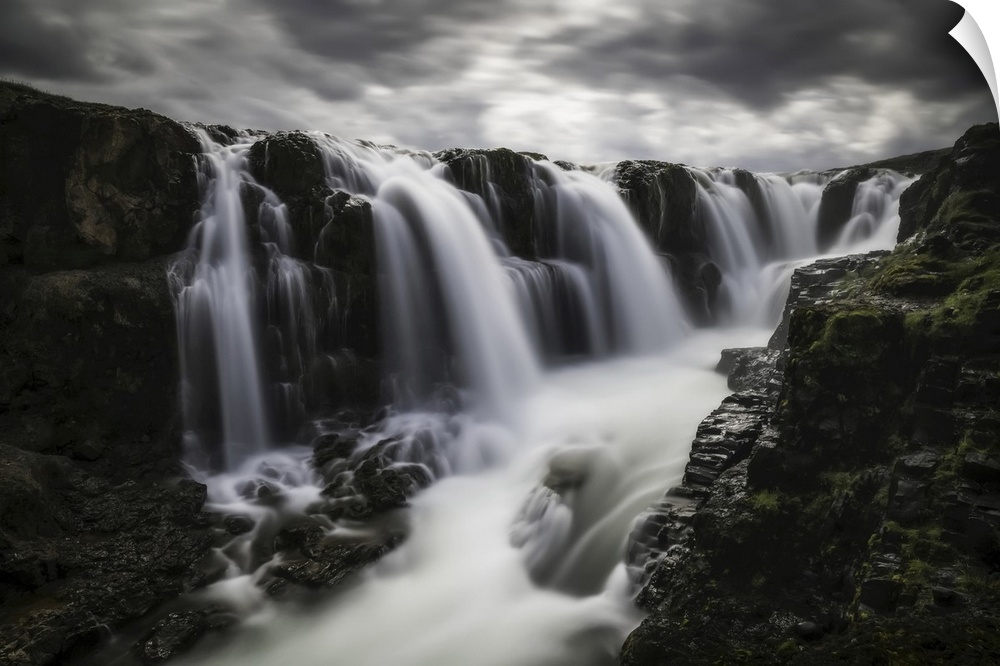 Moody image of waterfalls in the central area of Iceland in a long exposure, Iceland.