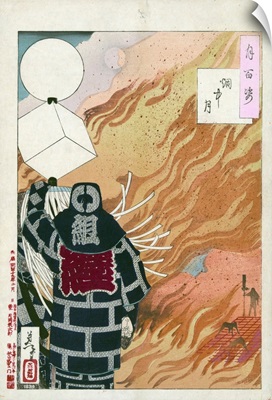 Moon Through The Smoke Of A Blaze By Yoshitoshi Taiso, Firemen Signaling To Each Other