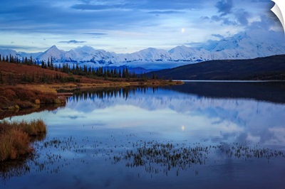 Moonrise Over The Alaska Mountain Range With Wonder Lake, Denali National Park
