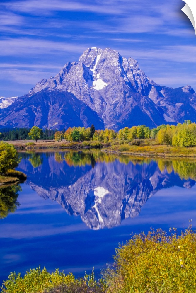 Mount Moran of the Grand Tetons reflected in Snake River in Grand Teton National Park in autumn Wyoming, United States of ...