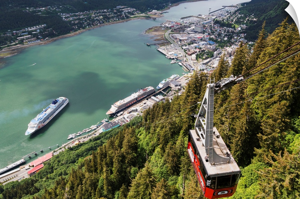 View of the Mount Roberts Tramway above Juneau and cruise ships in Gastineau Channel, Alaska.