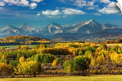 Mountain Range In The Fall With Blue Sky And Clouds, West Of Calgary, Alberta, Canada