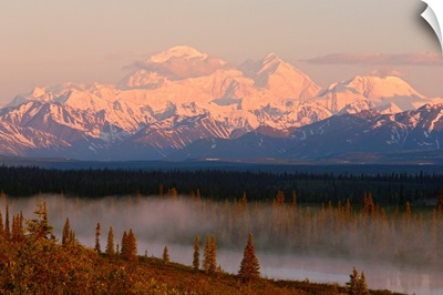 Mt. Mckinley reflected in small lake at sunrise in Broad Pass, Denali National Park