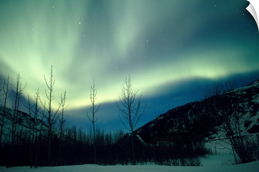 Big horizontal photograph of the northern lights over a snow covered valley in Alaska.