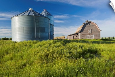 Old Barn With Metal Grain Bins, Ponteix, Saskatchewan, Canada