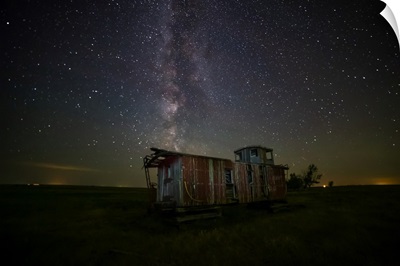 Old Caboose At Nighttime Under A Bright, Starry Sky, Coderre, Saskatchewan, Canada