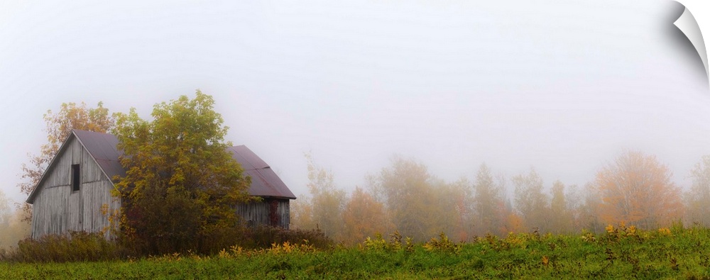 Old wooden barn in a foggy field in autumn; Waterloo, Quebec, Canada