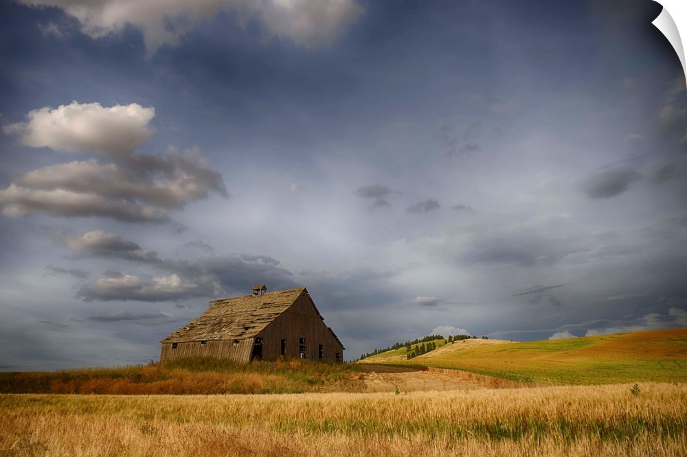 Old wooden barn in a wheat field under a cloudy sky, Palouse, Washington, United States of America.