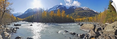 Panorama view of Rapids Camp along Eagle River in Chugach State Park