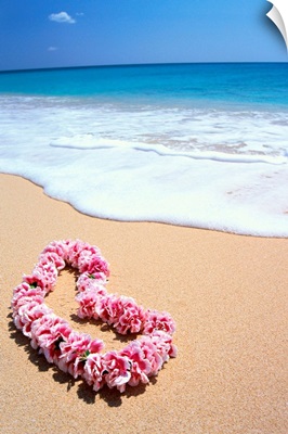 Pink Lei In Sand, Gentle Shore Waters, White Foam, Blue Ocean