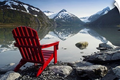 Red Adirondack Chair At Portage Lake, Chugach Mountains, Alaska