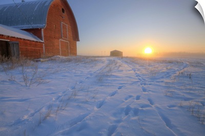 Red Barn On Very Cold Winter Morning At Sunrise, Alberta, Canada