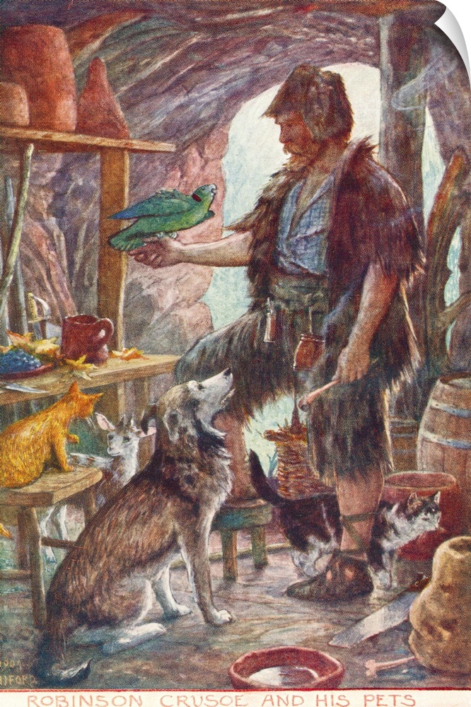 Robinson Crusoe and his pets. From Adventures of Robinson Crusoe, published 1908